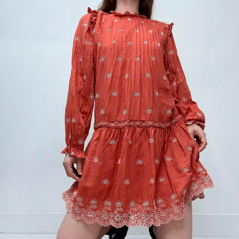orange boho embroidered puff boho dress