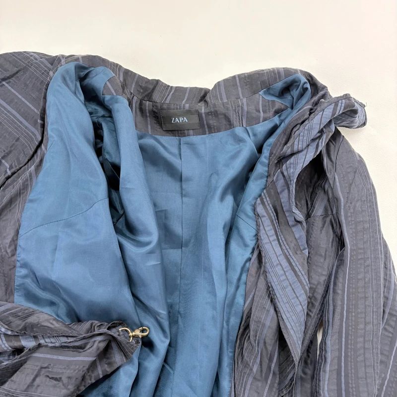 Navy Pinstripe Asymmetric Ruffle Jacket