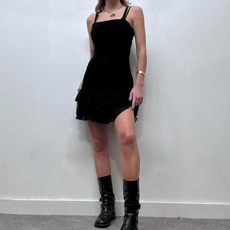 black ruffle mini dress
