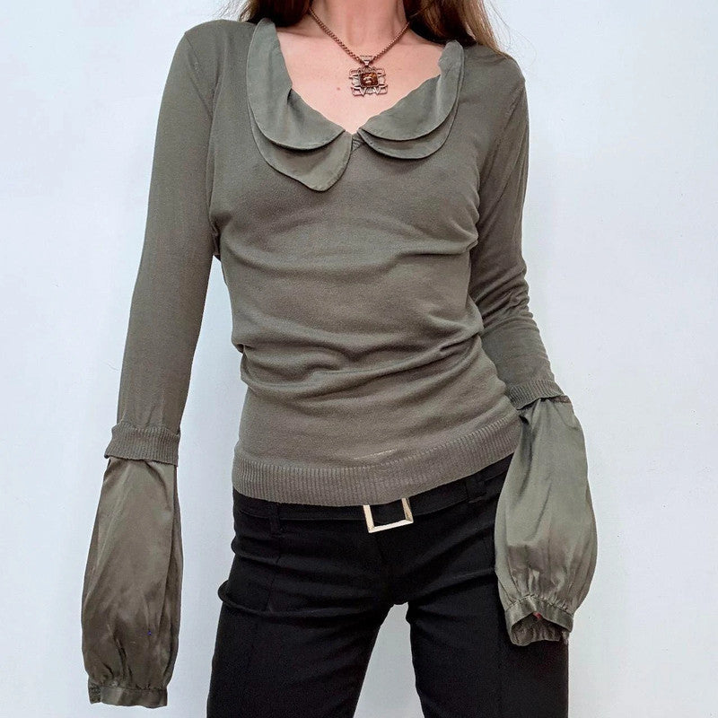 khaki flared puff silk sleeve shirt