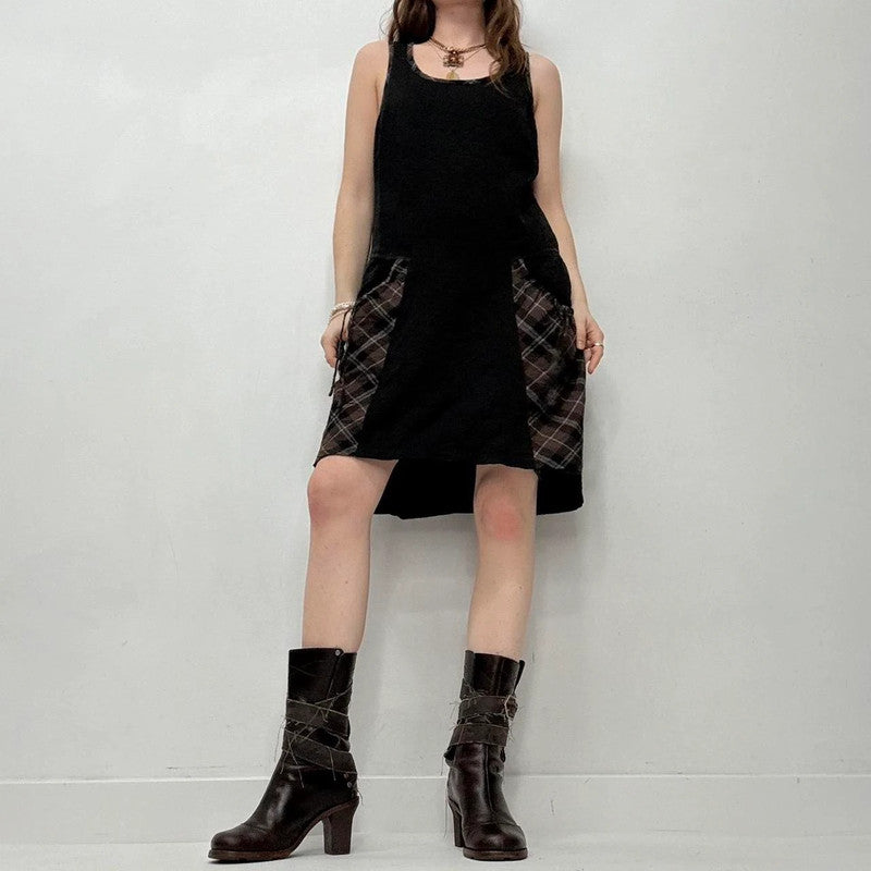 black tartan puff mini dress