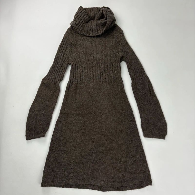 brown mohair knitted slouchy flared midi dress