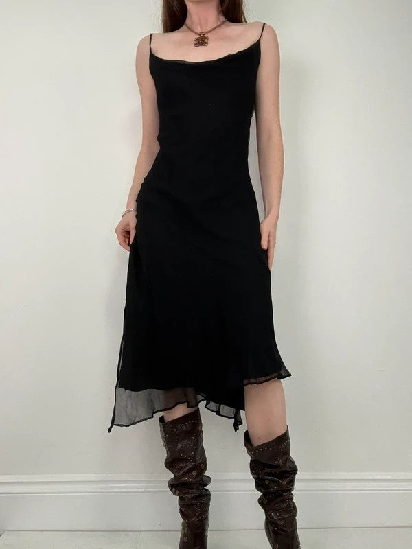 black silk bias cut layered flutter dress