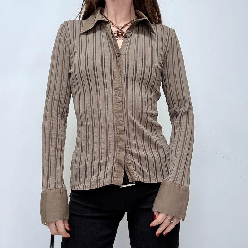 brown pinstripe flared shirt