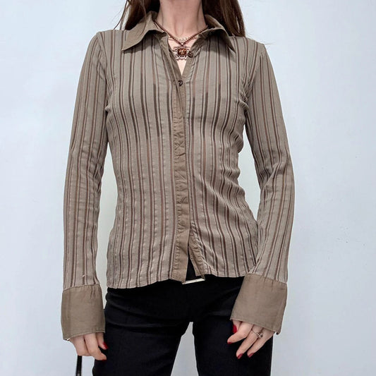 brown pinstripe flared shirt
