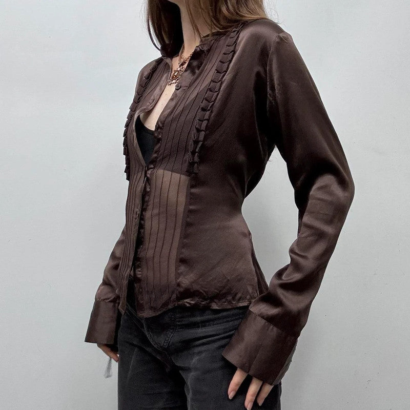 brown sheer silk pinstripe ruffle shirt