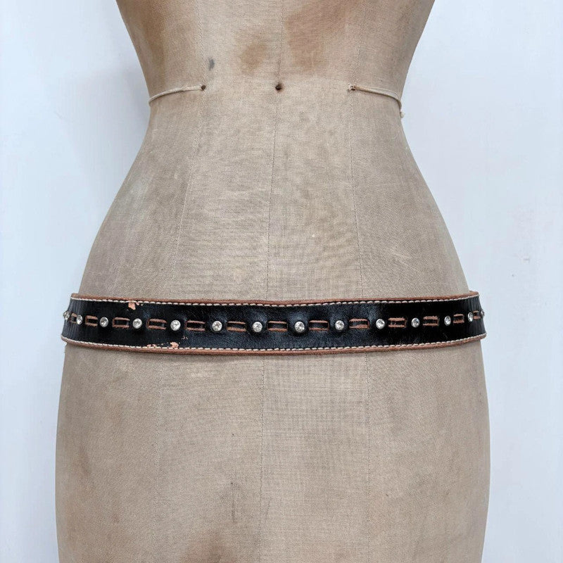 Studded leather black & tan stitch belt