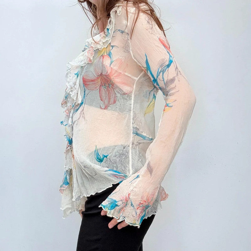 sheer crinkle silk flutter shirt