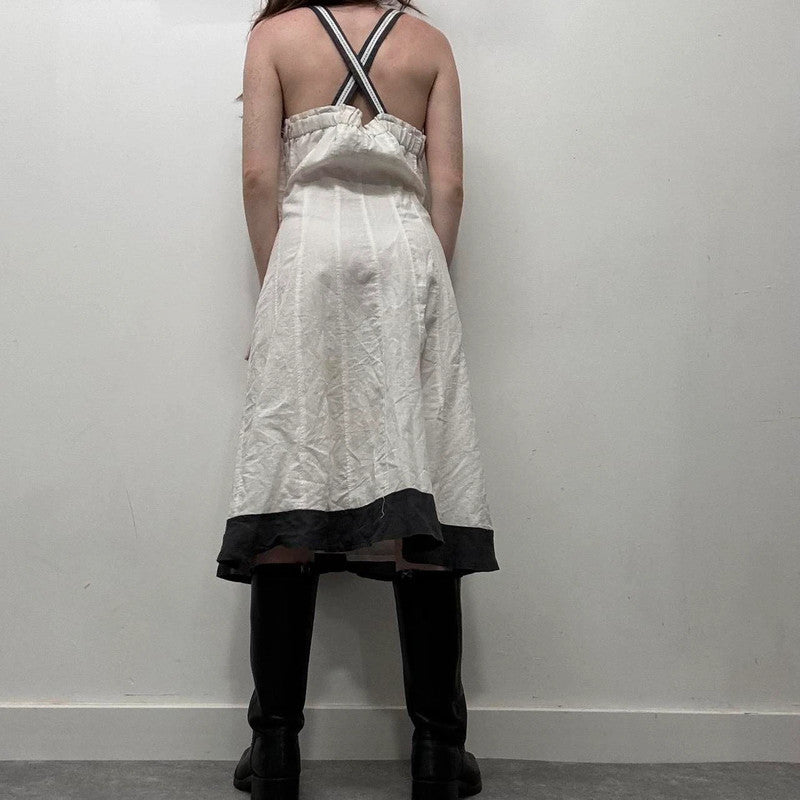 white linen flared ribbon dress