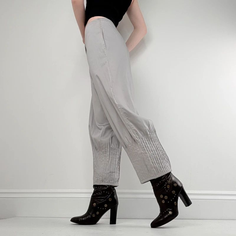 grey pleated puff barrel trousers