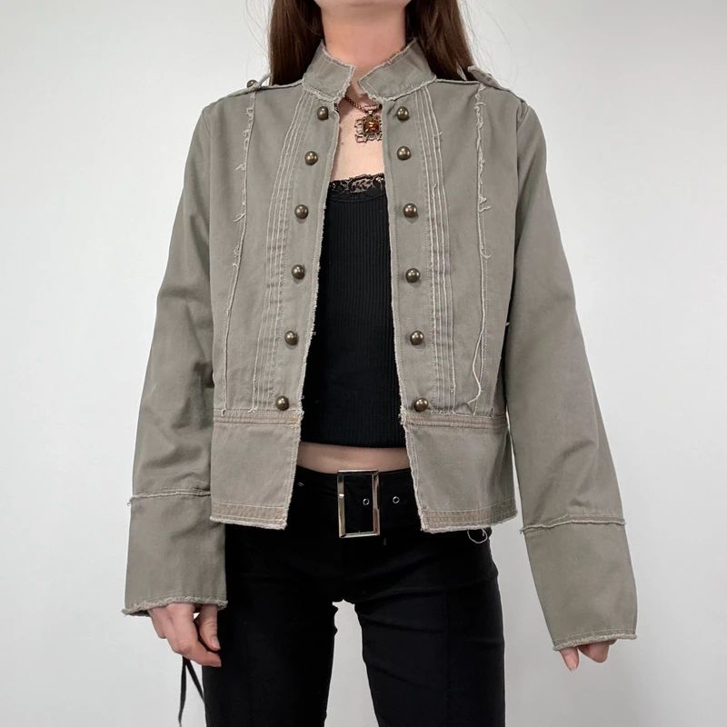 khaki military cotton utility jacket with hook and eyes