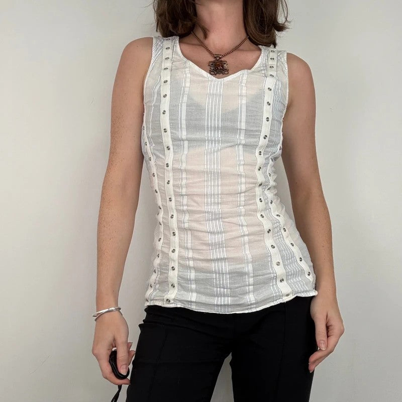white cotton textured pinstripe popper vest top