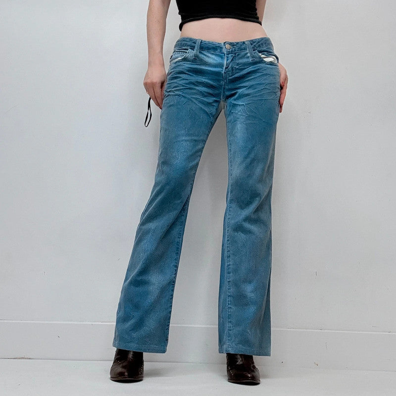 low-rise distressed blue crinkle jeans