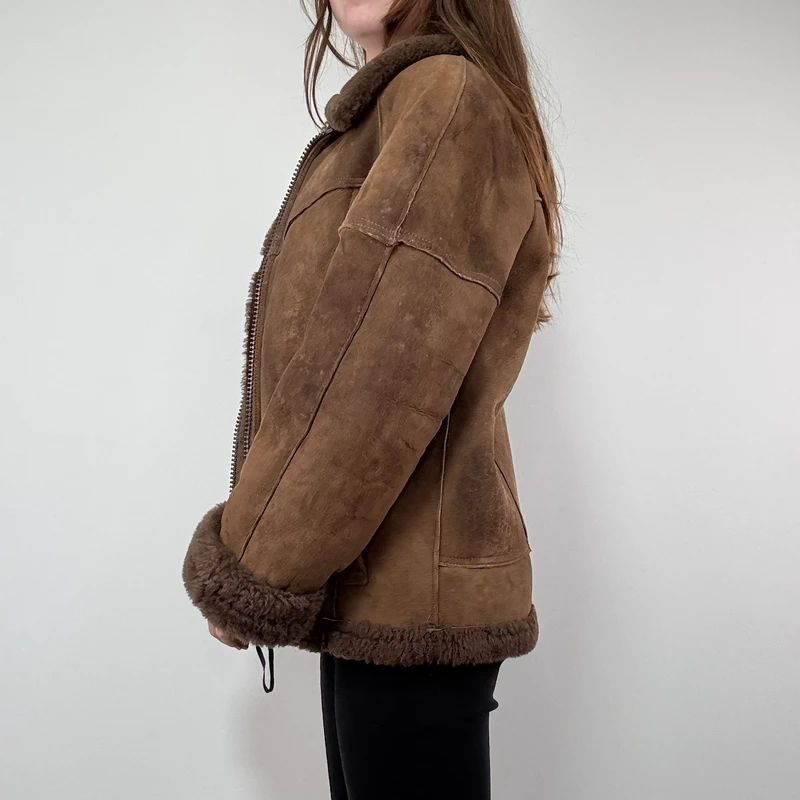 brown shearling aviator vintage jacket with zipper