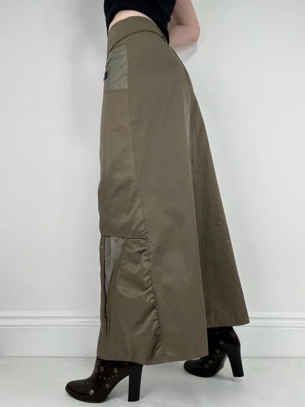 khaki utility gathered maxi skirt