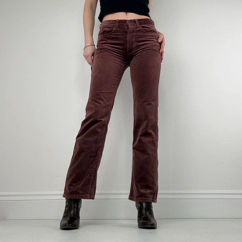 burgundy flared leg velour trousers