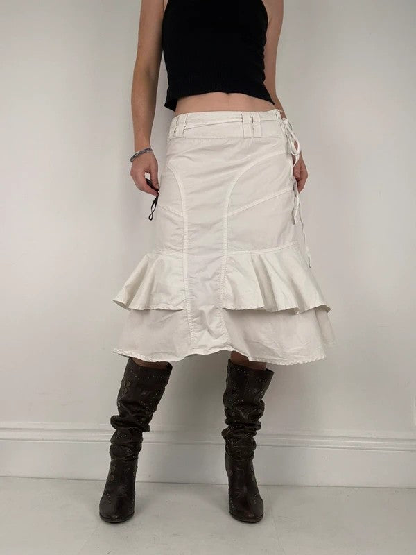 white ruffle low rise layered midi skirt