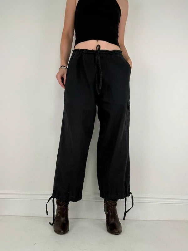 navy drawstring linen low rise trousers