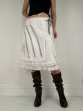 White fray patchwork asymmetrical bow midi skirt