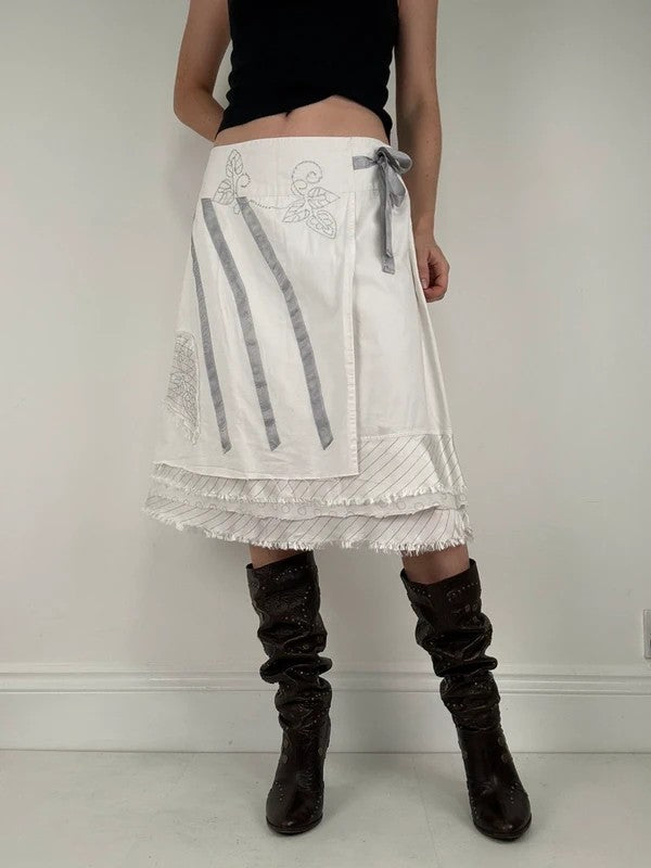 White fray patchwork asymmetrical bow midi skirt