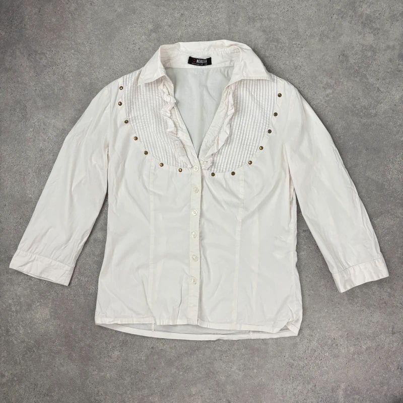 white pleated studded cotton napoleonic Morgan shirt