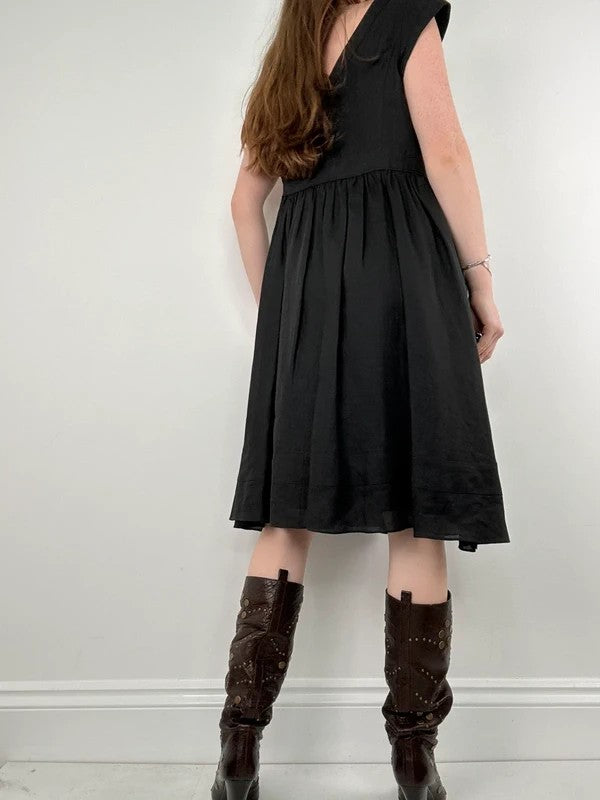 black pleated drop waist linen midi dress