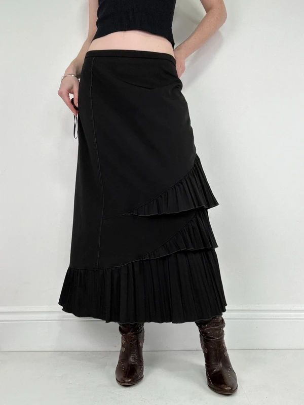 black asymmetric pleated ruffle maxi skirt