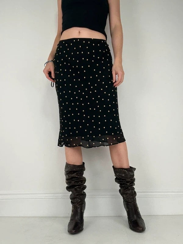 Black and white polkadot flutter midi skirt