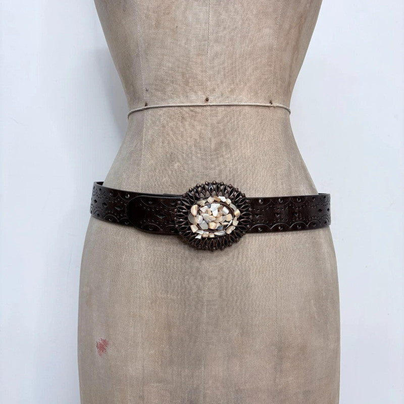 brown leather embossed boho western belt