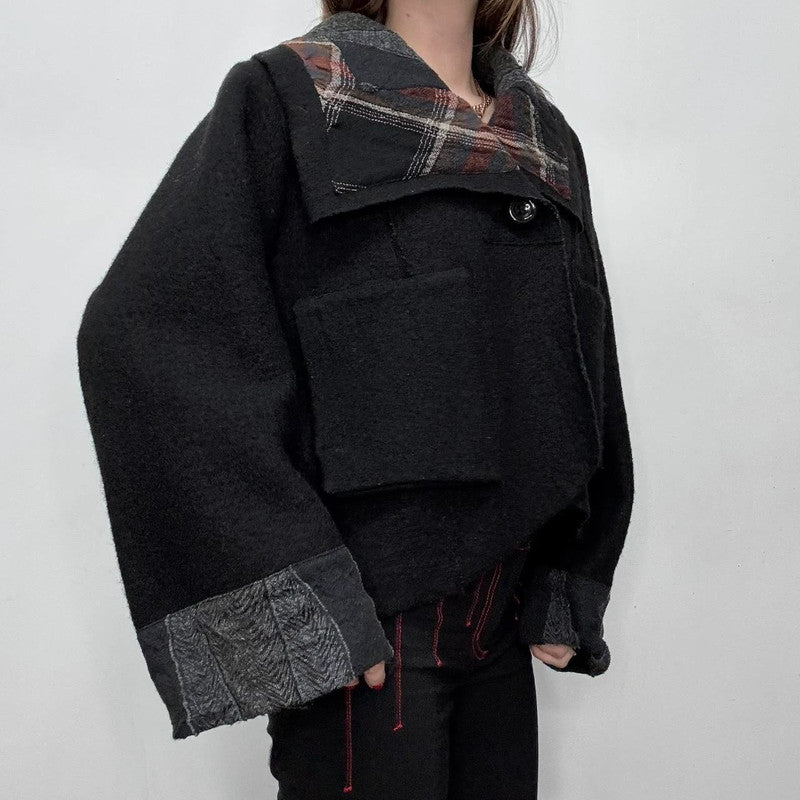 black oversized wool tartan jacket