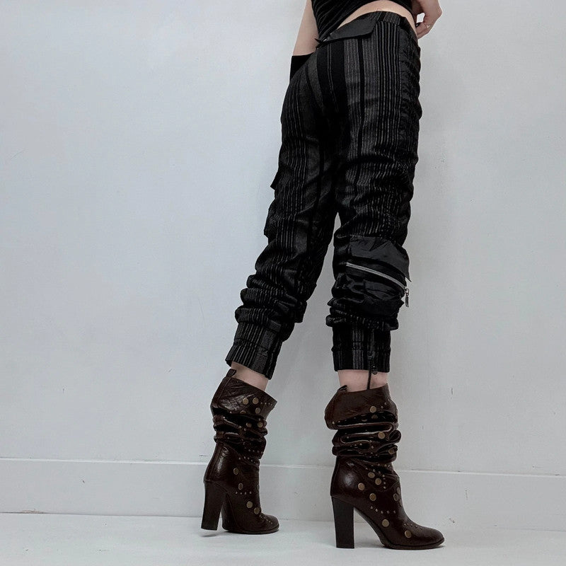 black pinstripe gathered structured cropped trousers