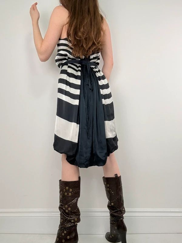 Navy and white striped asymmetric midi dress