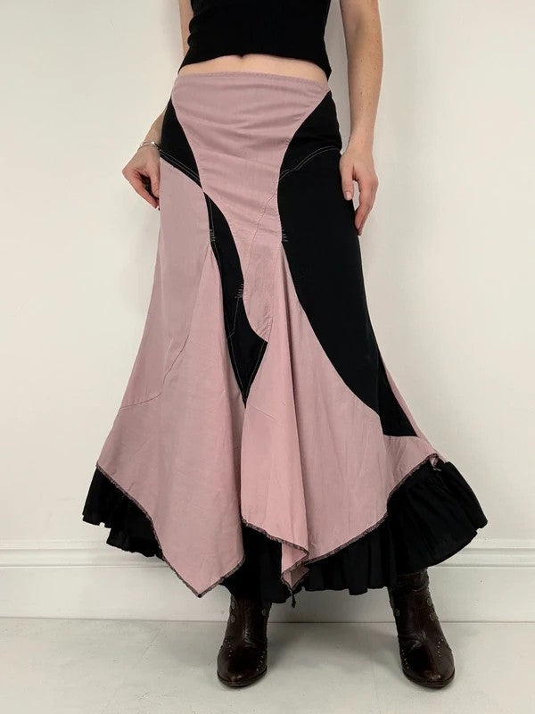 pink and navy gathered asymmetric flared maxi skirt