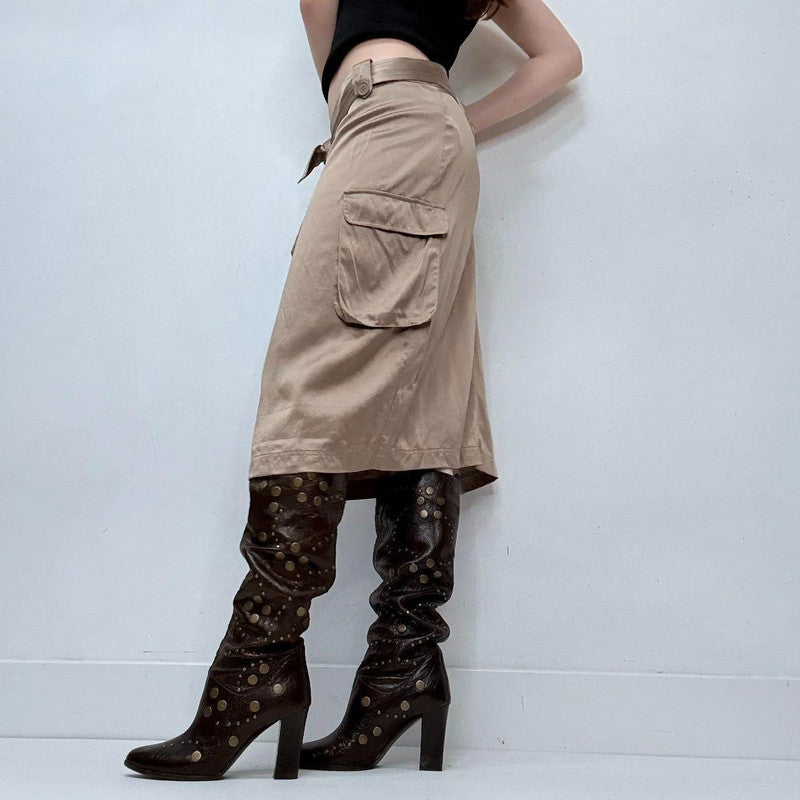brown cargo 100% silk midi skirt