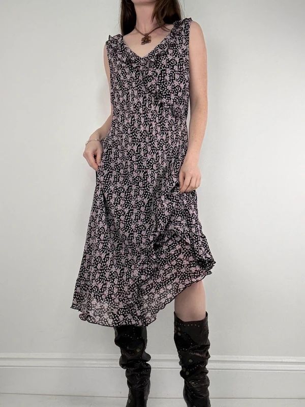 black polkadot ruffle flutter midi dress