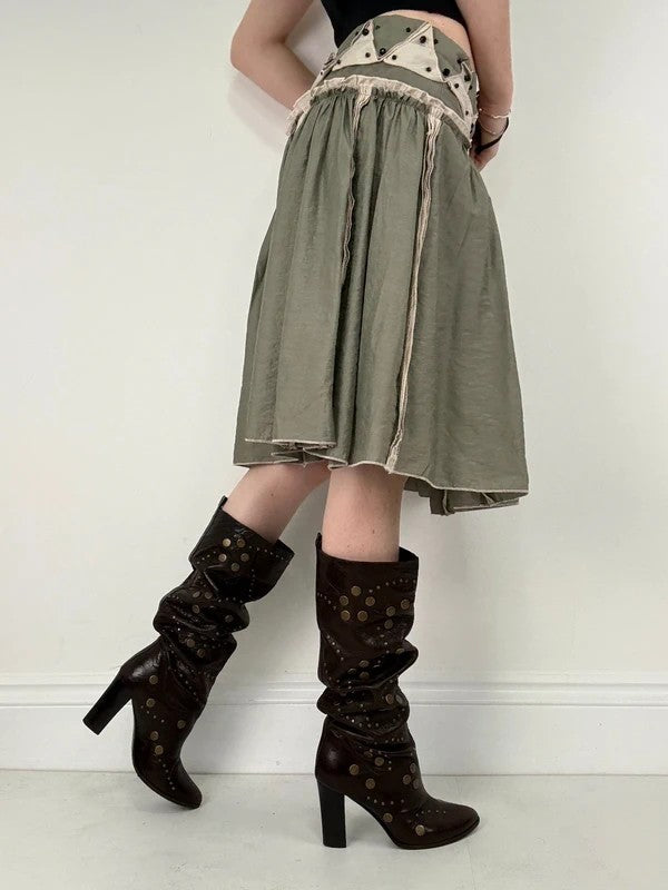khaki pleated drop waist midi skirt