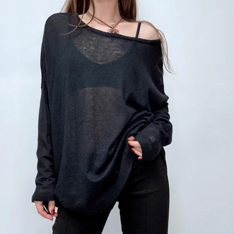 sheer wide neck black mohair jumper