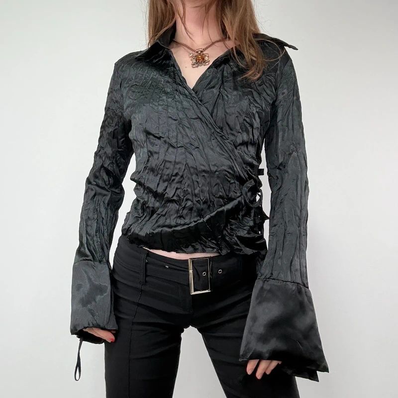 black crinkle satin cropped wrap shirt