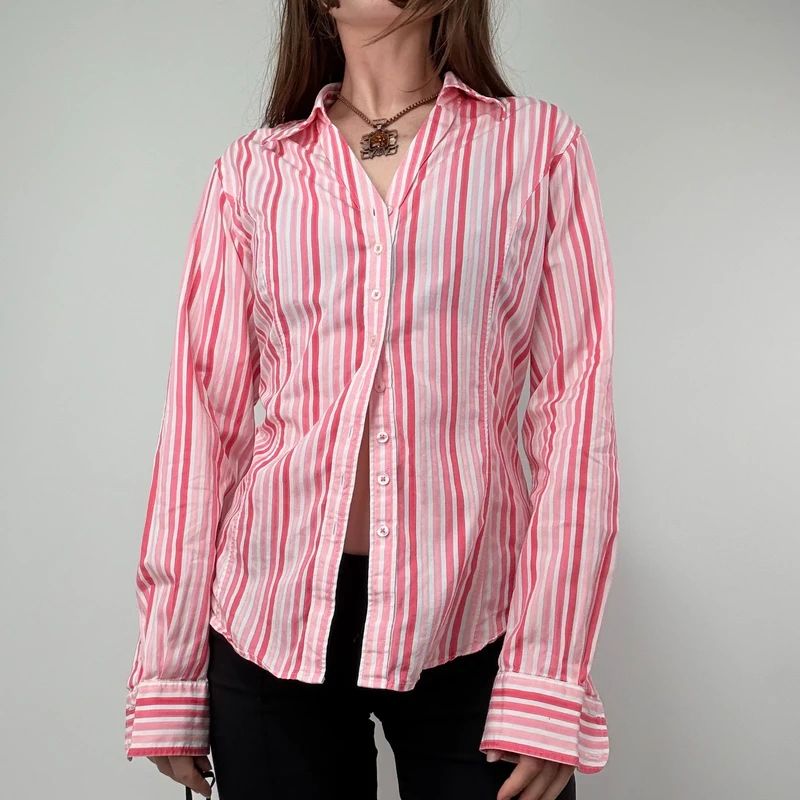 Pink Pinstripe Fitted Shirt with V-neck button style front.