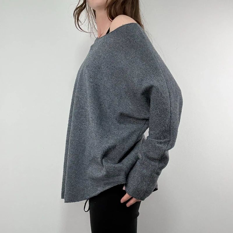 grey henley button detailed slouchy off the shoulder t-shirt