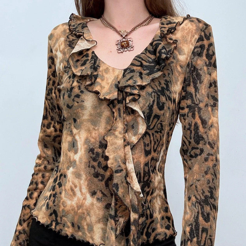 flutter ruffle flared leopard blouse