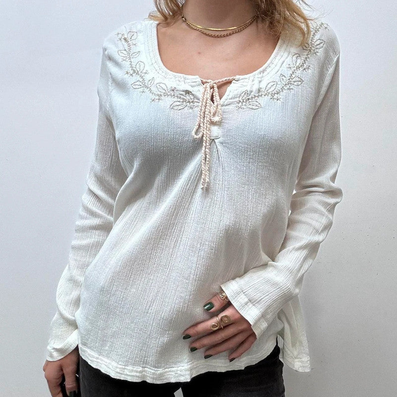 white embroidered flared cheesecloth shirt