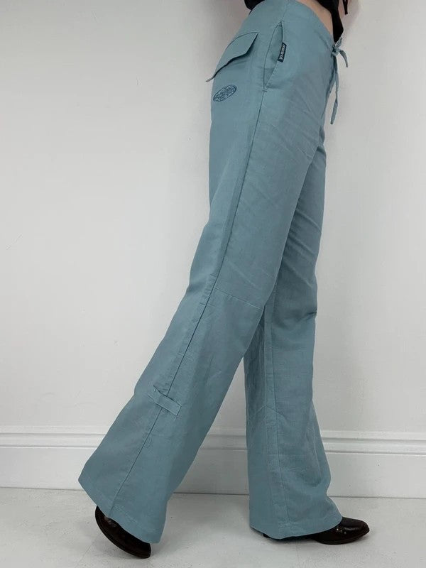 aqua blue wide leg linen trousers