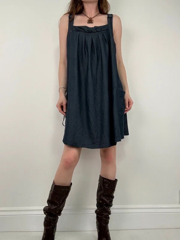 pleated denim mini pinafore dress