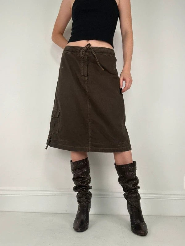 brown khaki pinstripe a-line midi skirt