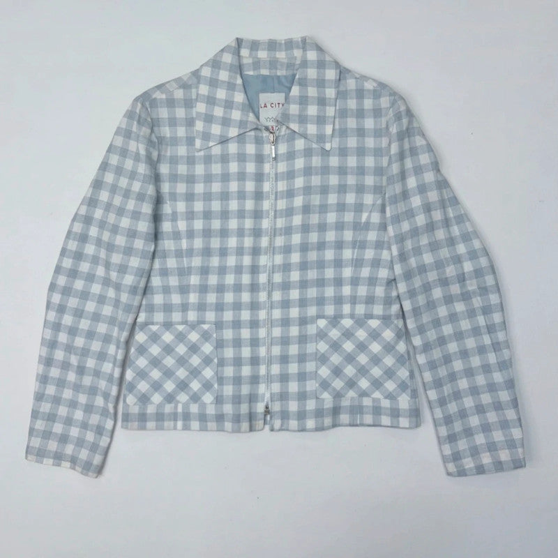 boxy blue and white gingham cropped linen zip-up jacket