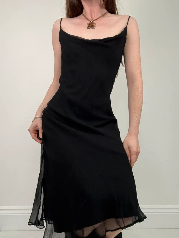 black silk bias cut layered flutter dress