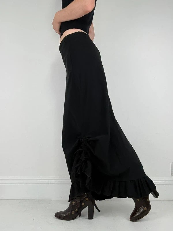 Low waisted black cinched ruffle maxi skirt