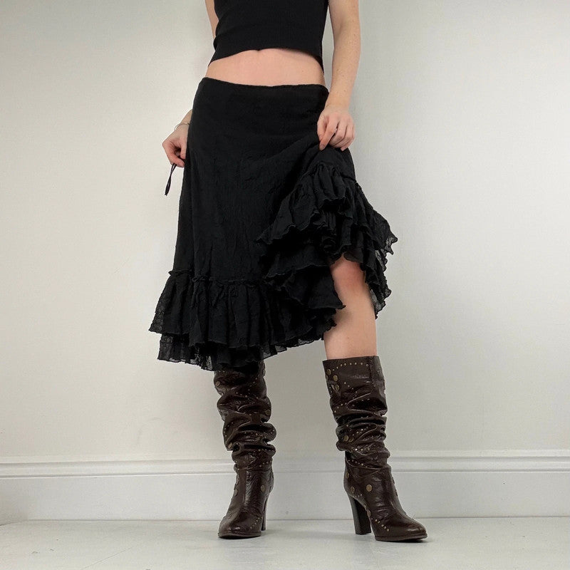 black crinkle pleated ruffle midi skirt
