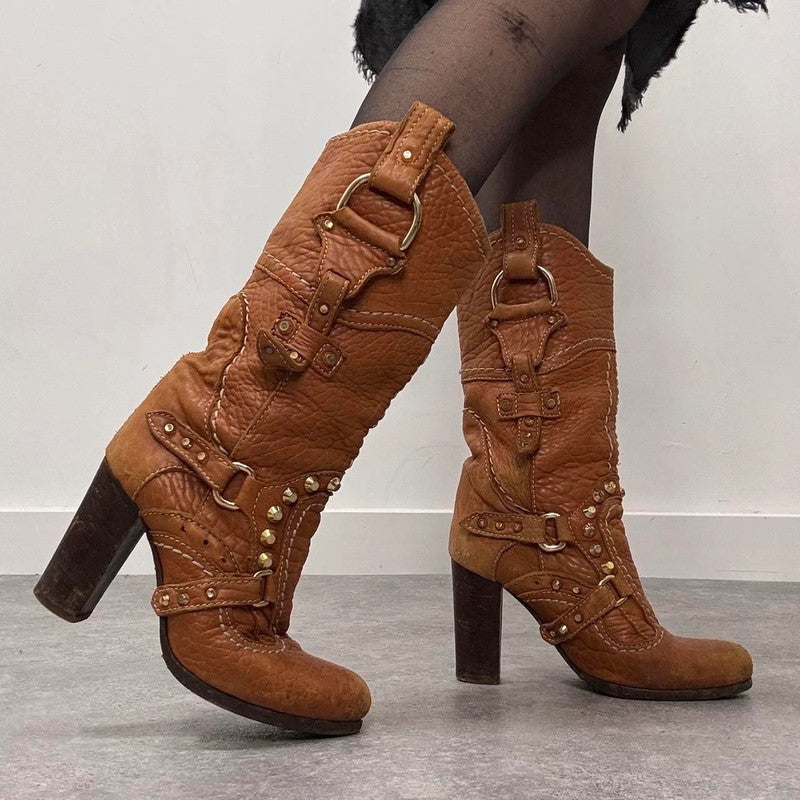 tan leather studded heeled boots